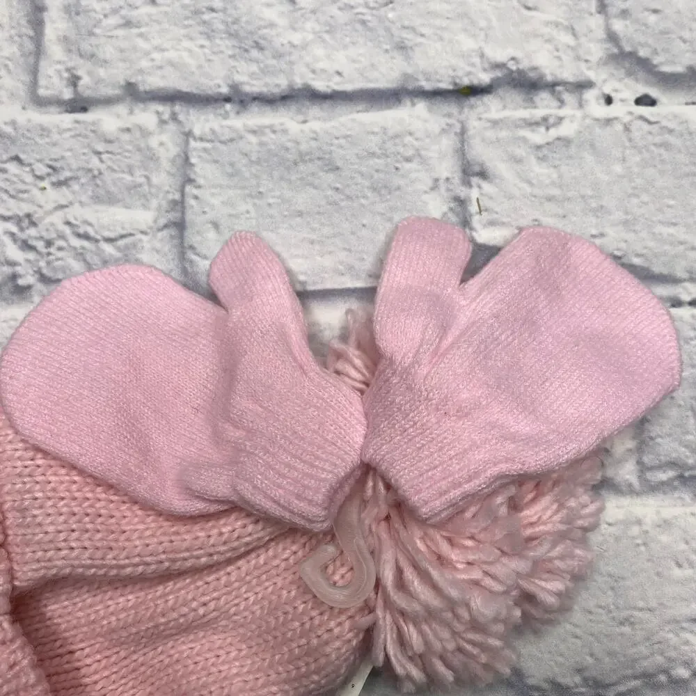 Little Me Sequin Heart Pom Pom Hat and Mitten Set in Pink